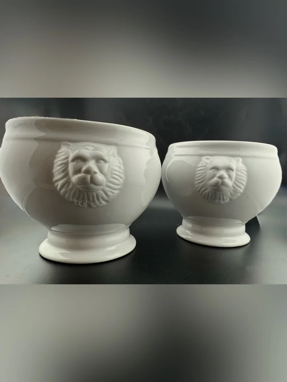 2 Sur La Table lion head handles soup bowls. Large. White porcelain. 38 oz